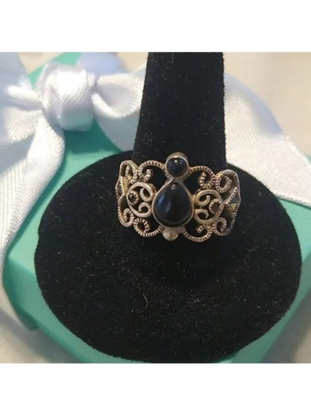 Sterling Silver Onyx + Marcasite Ring, Size 6.5